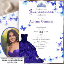 Blå Fjärilar Klänning Tiara Foto Quinceanera