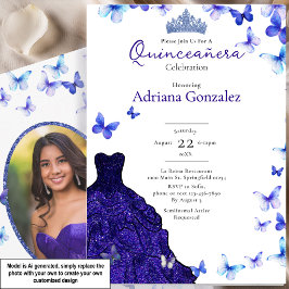 Blå Fjärilar Klänning Tiara Foto Quinceanera Inbjudningar