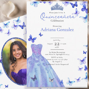 Blå Fjärilar Klänning Tiara Foto Quinceanera Inbjudningar