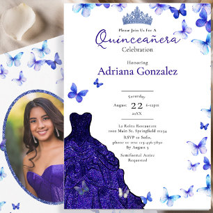 Blå Fjärilar Klänning Tiara Foto Quinceanera Inbjudningar