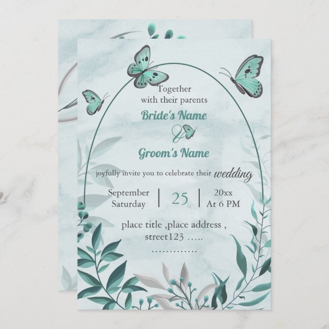 blå fjärilar löv blommigt bröllop inbjudningar (Fram/baksida)