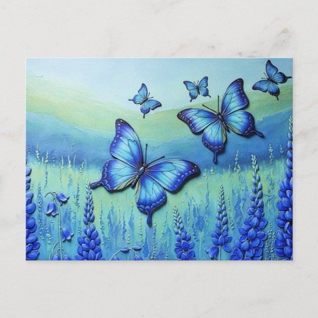 Blå fjärilar med blå blommor, helg vykort (Framsida)