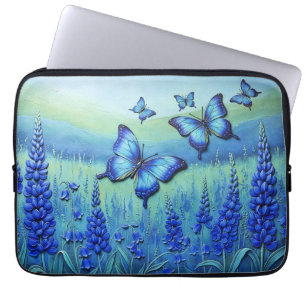Blå fjärilar med blå blommor, laptop fodral