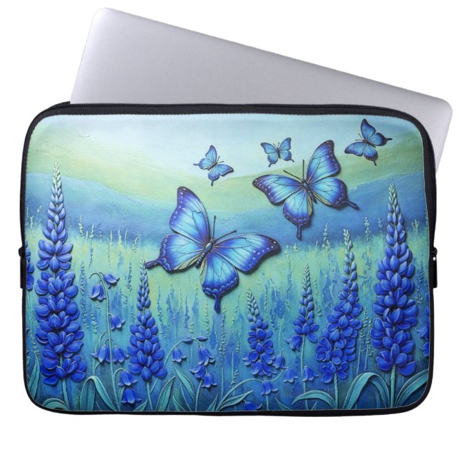 Blå fjärilar med blå blommor, laptop fodral (Framsidan)