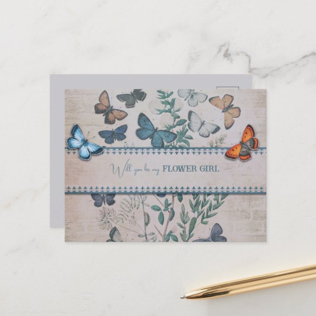 Blå fjärilar och blommor Flower Girl Meddelande Vykort (Fram/Back In Situ)