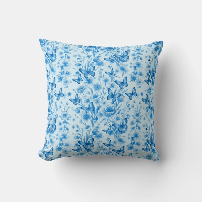 Blå fjärilar och blommor kudde (Framsida)