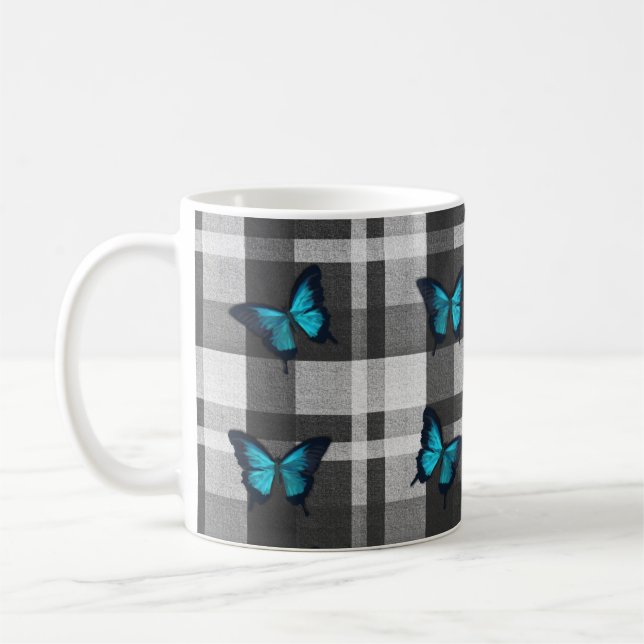 Blå fjärilar och Grått-Plaid Fabric Kaffemugg (Vänster)
