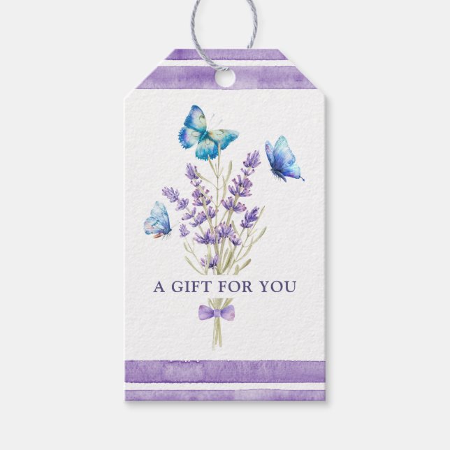 Blå fjärilar och lavendel presentkort presentetikett (Framsidan)
