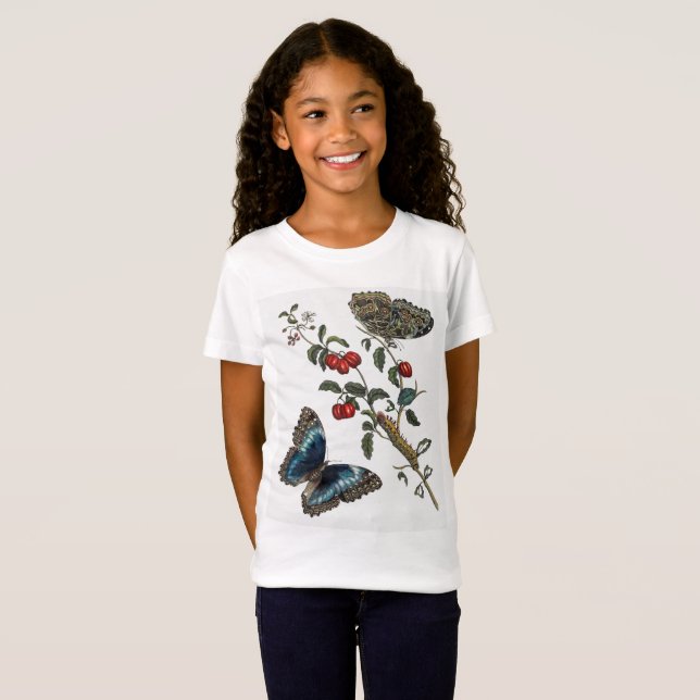 Blå fjärilar och röda frukter t shirt (Hel framsida)