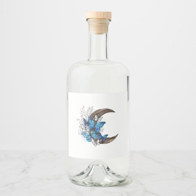Blå fjärilar på träburk spritflaskor etikett (Framsida)
