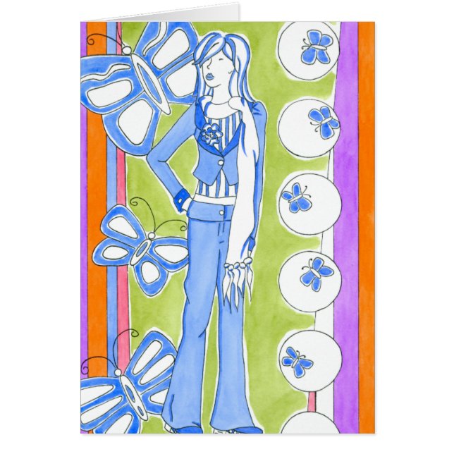 Blå fjärilar som omger glamoral flicka hälsningskort (Framsidan)