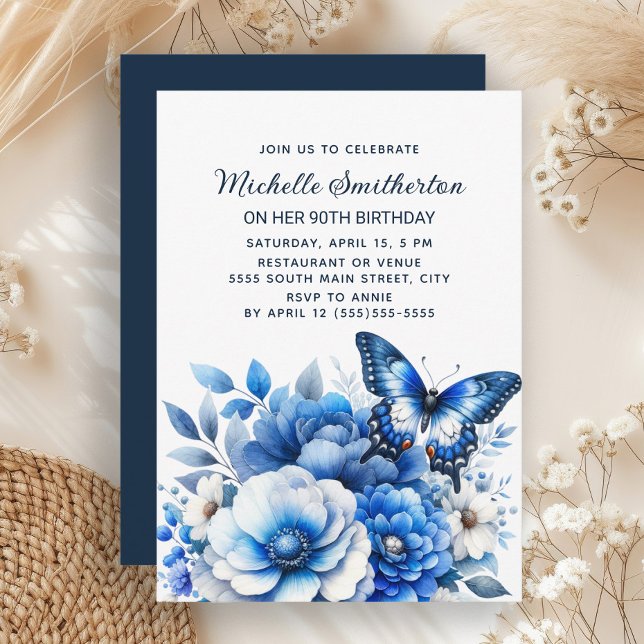 Blå Fjärilsblommor Elegant 90-årsdag Inbjudningar (Blue floral and butterfly 90th birthday party invitation)