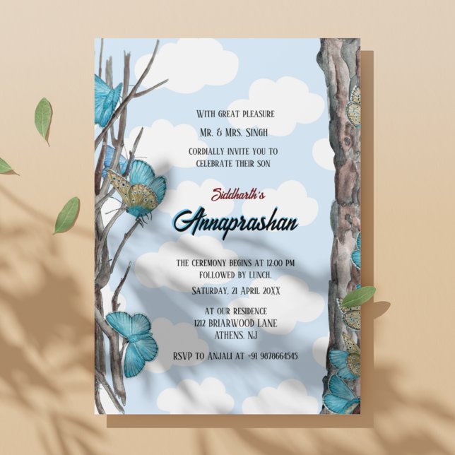 Blå fjärilskonstruktion, första Riset "Annaprashan Inbjudningar (Skapare uppladdad)