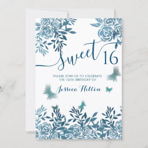 Blå fjärilsträdgård, blommigt sweet sixteen inbjudningar