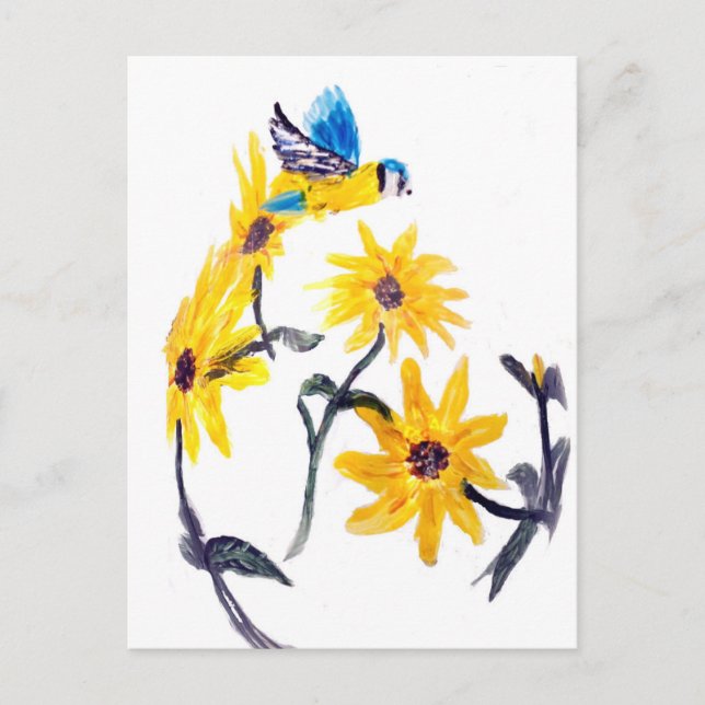 Blå fläck, Gult Solblommor Nature Art Vykort (Framsida)
