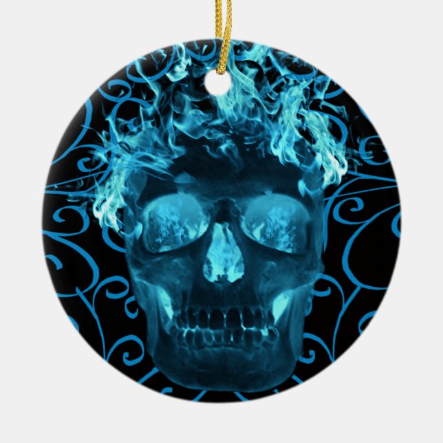 Blå Flammande Dödskalle Ornament (Framsidan)