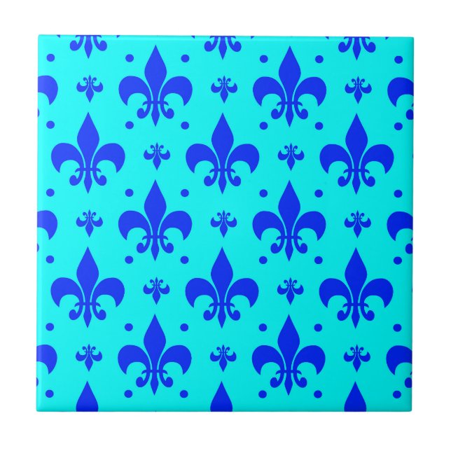 Blå Fleur-de-lis Mönster Design Kakelplatta (Framsidan)