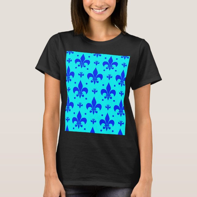 Blå Fleur-de-lis Mönster Design T Shirt (Framsida)