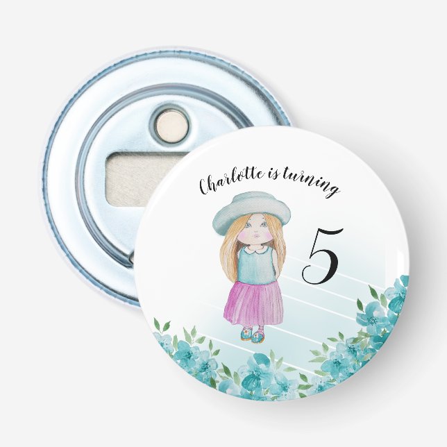 Blå flicka Docka Watercolor Hand-målat Flasköppnare (Framsidan)