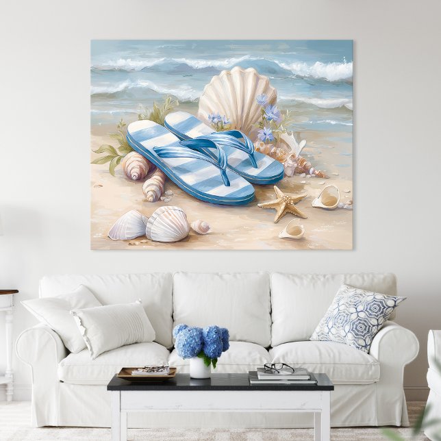 Blå Flip Flops Snigelskal Strand Sommar Konst Poster (Blue Flip Flops Seashells Coastal Beach Summer Art by TinkPrints.)
