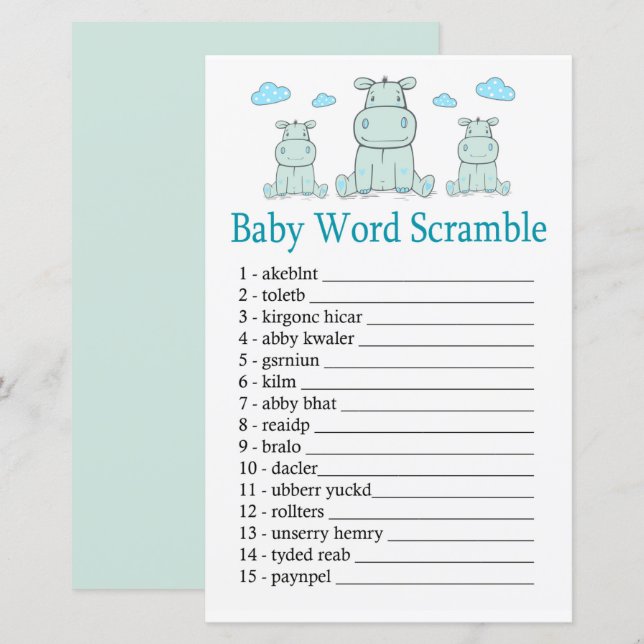 Blå flodhäst Baby ord scramble spel (Fram/baksida)