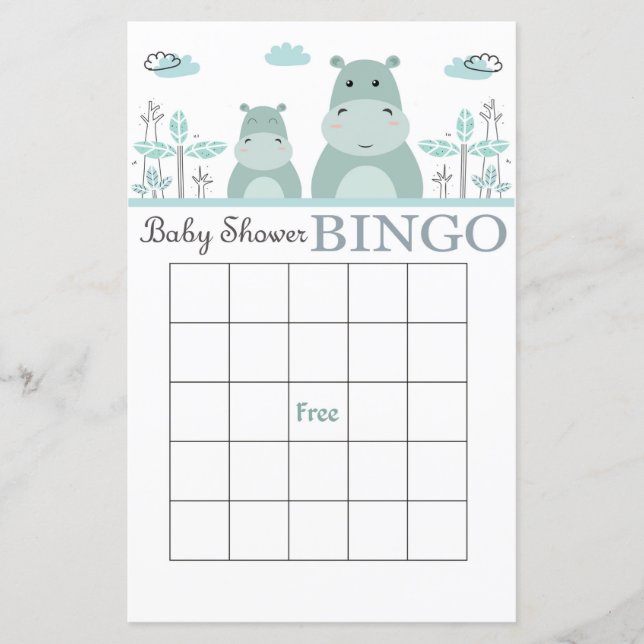 Blå flodhäst baby shower bingo kort (Framsida)