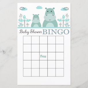 Blå flodhäst baby shower bingo kort