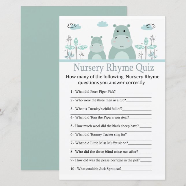 Blå Flodhäst Barnkammarrim Quiz babyshowerspel (Fram/baksida)