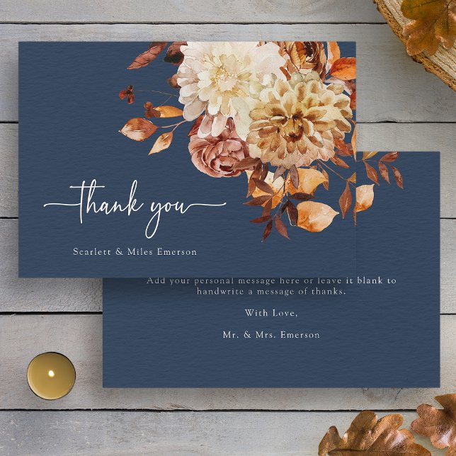 Blå flottans Tack Kort (Watercolor Navy Blue Fall Floral Thank You Card by Painted Paperie
)