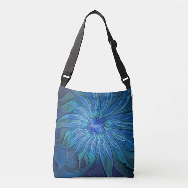 Blå Flower Fantasy Mönster, Abstrakt Fractal Art Axelväska (Framsida)