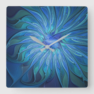 Blå Flower Fantasy Mönster, Abstrakt Fractal Art Fyrkantig Klocka