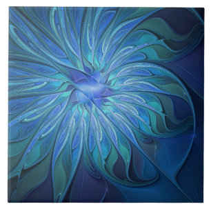 Blå Flower Fantasy Mönster, Abstrakt Fractal Art Kakelplatta