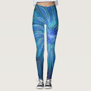 Blå Flower Fantasy Mönster, Abstrakt Fractal Art Leggings