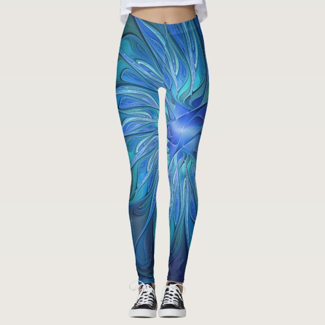 Blå Flower Fantasy Mönster, Abstrakt Fractal Art Leggings (Framsida)