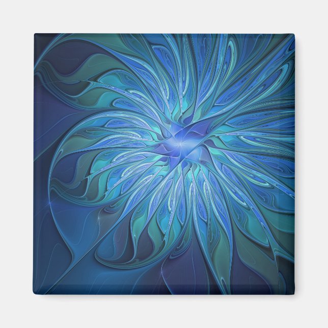 Blå Flower Fantasy Mönster, Abstrakt Fractal Art Magnet (Framsidan)