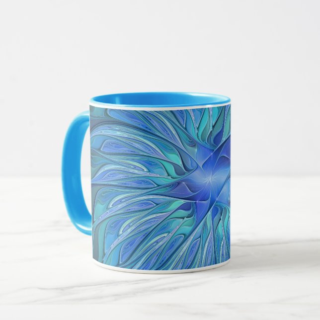 Blå Flower Fantasy Mönster, Abstrakt Fractal Art Mugg (Framsida vänster)