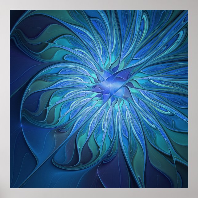 Blå Flower Fantasy Mönster, Abstrakt Fractal Art Poster (Framsidan)