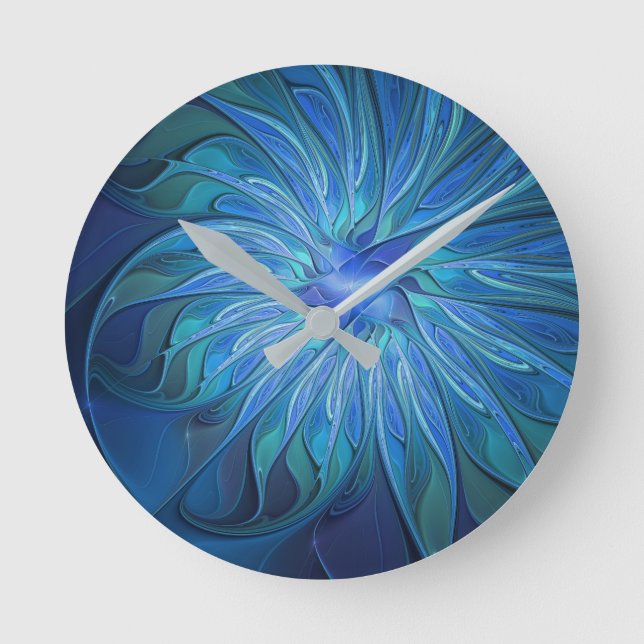 Blå Flower Fantasy Mönster, Abstrakt Fractal Art Rund Klocka (Framsida)
