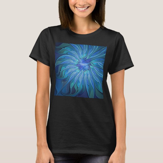 Blå Flower Fantasy Mönster, Abstrakt Fractal Art T Shirt (Framsida)