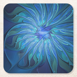 Blå Flower Fantasy Mönster, Abstrakt Fractal Art Underlägg Papper Kvadrat