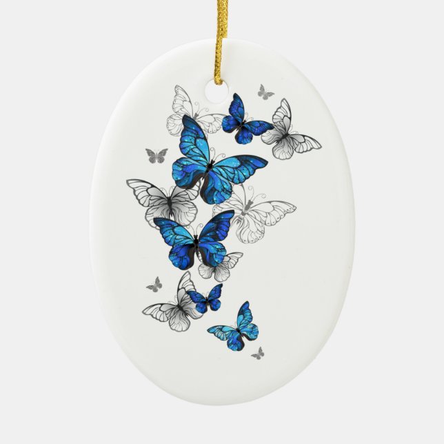 Blå Flygande Fjärilar Morpho Julgransprydnad Keramik (Framsidan)