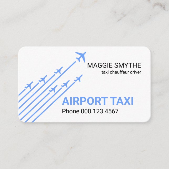 Blå flygplan lyfter taxi visitkort (Framsida)