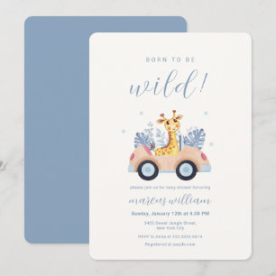 Blå Född att vara vild Safari Giraff Baby Shower Inbjudningar