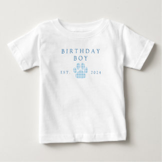 Blå födelsedags pojke Gingham Paw Print Födelsedag T Shirt