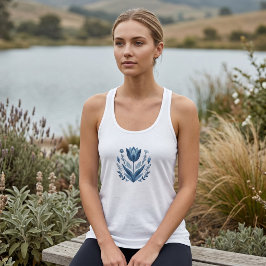 Blå Folk Floral Tulpan Kvinnors Linne Tank Topp Med Racerback
