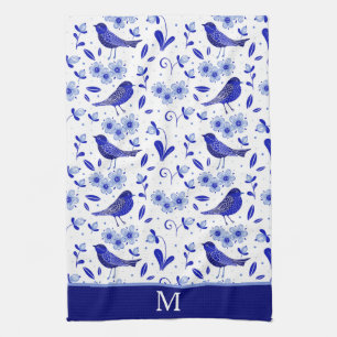 Blå folkkonst Mönster Monogram Kökshandduk
