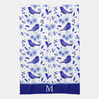 Blå folkkonst Mönster Monogram Kökshandduk