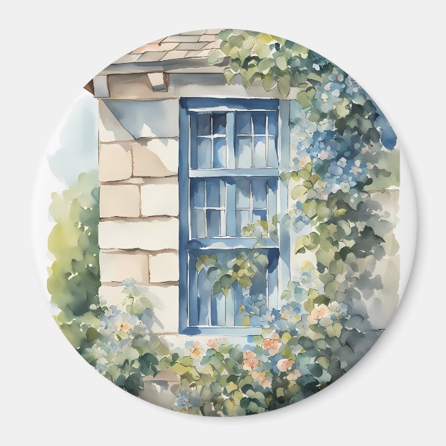 Blå fönstersten stenvägg stugor vinstockar magnet (Framsidan)