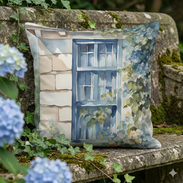Blå fönsterstenskyddsvägg Stugor Vinrankor Kudde (Blue Window Stone Wall Cottage Vines Throw Pillow Mockup C)