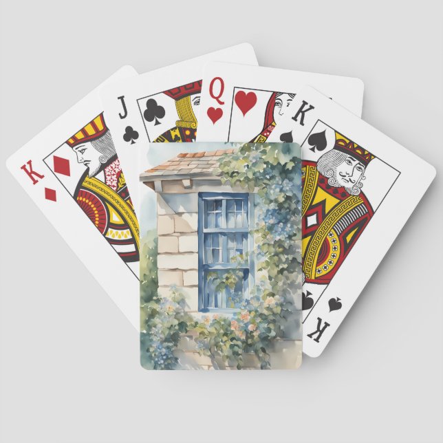 Blå fönsterstenvägg stugor vinrankor casinokort (Baksidan)